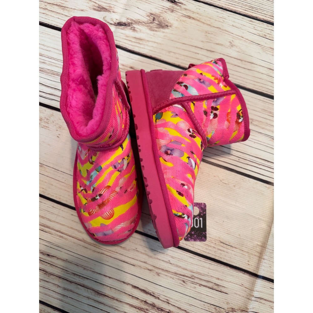 UGG Classic Mini Pink Yellow Zebra Sequin Floral Boots 1124968 Womens 8